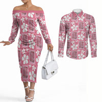 Give Cancer The Boot Pink Cowgirl Couples Matching Off The Shoulder Long Sleeve Dress and Long Sleeve Button Shirt Western Aloha Hibiscus Paniolo Heritage Floral