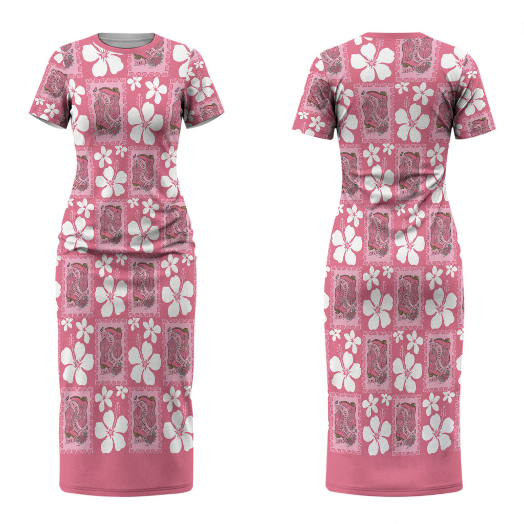 Give Cancer The Boot Pink Cowgirl Couples Matching Short Sleeve Bodycon Dress and Hawaiian Shirt Western Aloha Hibiscus Paniolo Heritage Floral