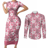 Give Cancer The Boot Pink Cowgirl Couples Matching Short Sleeve Bodycon Dress and Long Sleeve Button Shirt Western Aloha Hibiscus Paniolo Heritage Floral