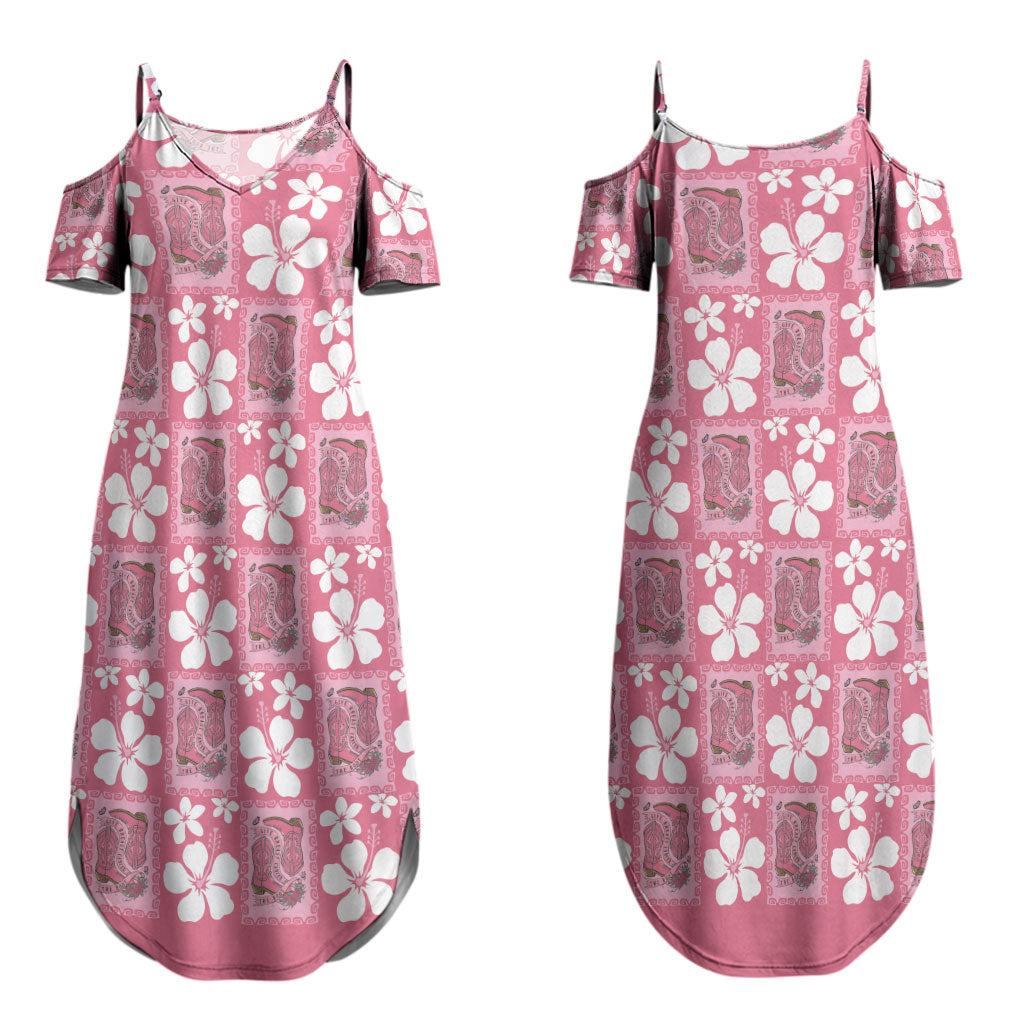 Give Cancer The Boot Pink Cowgirl Couples Matching Summer Maxi Dress and Hawaiian Shirt Western Aloha Hibiscus Paniolo Heritage Floral