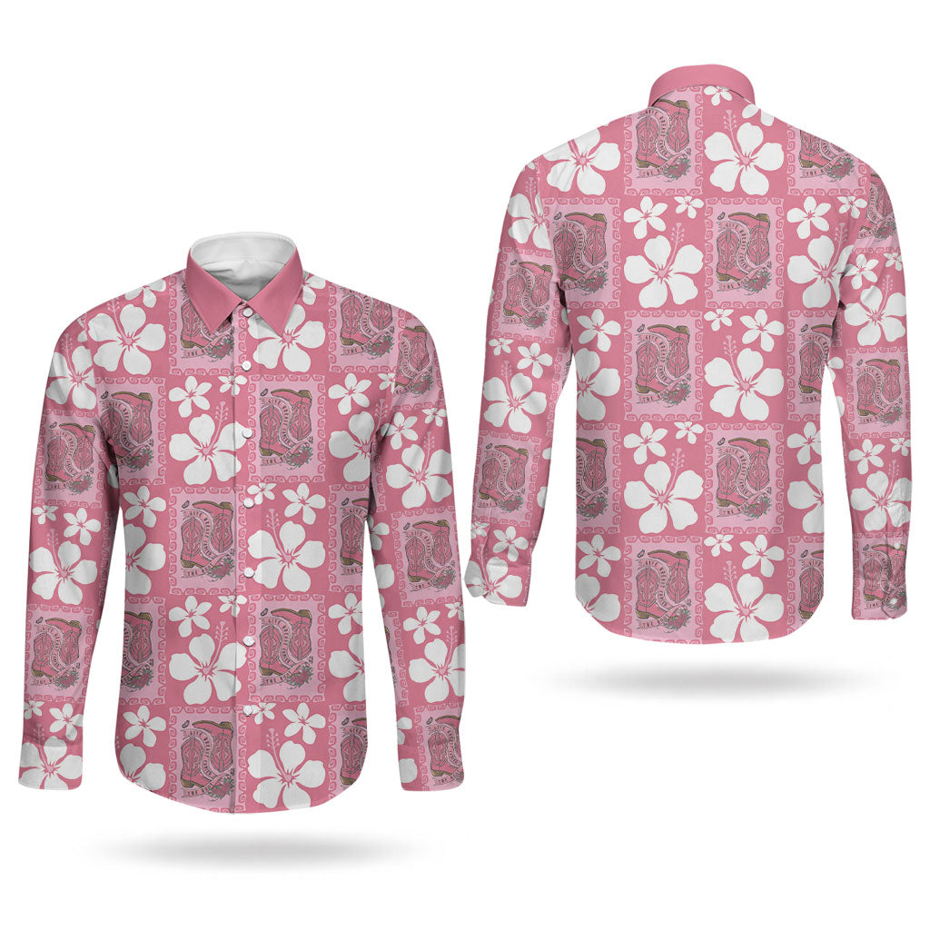 Give Cancer The Boot Pink Cowgirl Couples Matching Tank Maxi Dress and Long Sleeve Button Shirt Western Aloha Hibiscus Paniolo Heritage Floral