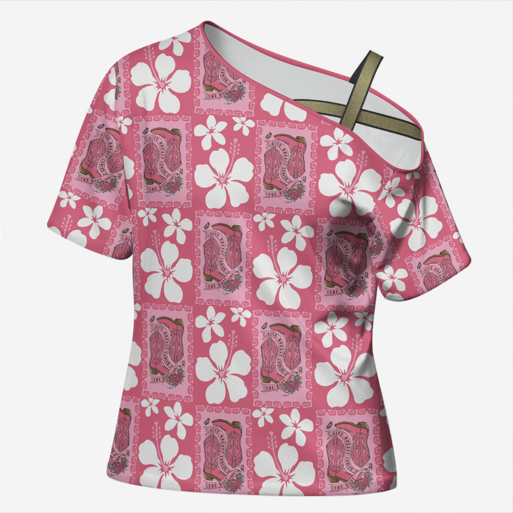 Give Cancer The Boot Pink Cowgirl Cross Shoulder Shirt Western Aloha Hibiscus Paniolo Heritage Floral LT9 Female Pink - Polynesian Pride