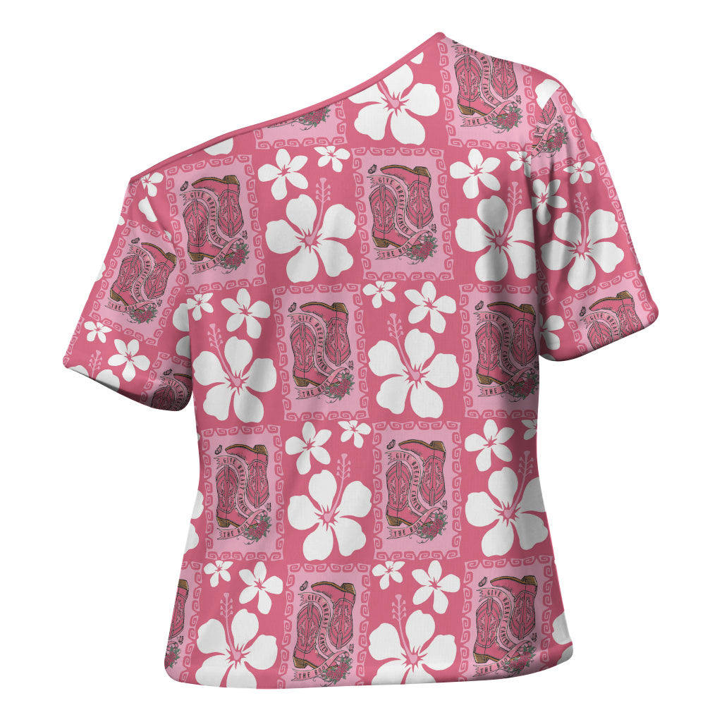Give Cancer The Boot Pink Cowgirl Cross Shoulder Shirt Western Aloha Hibiscus Paniolo Heritage Floral