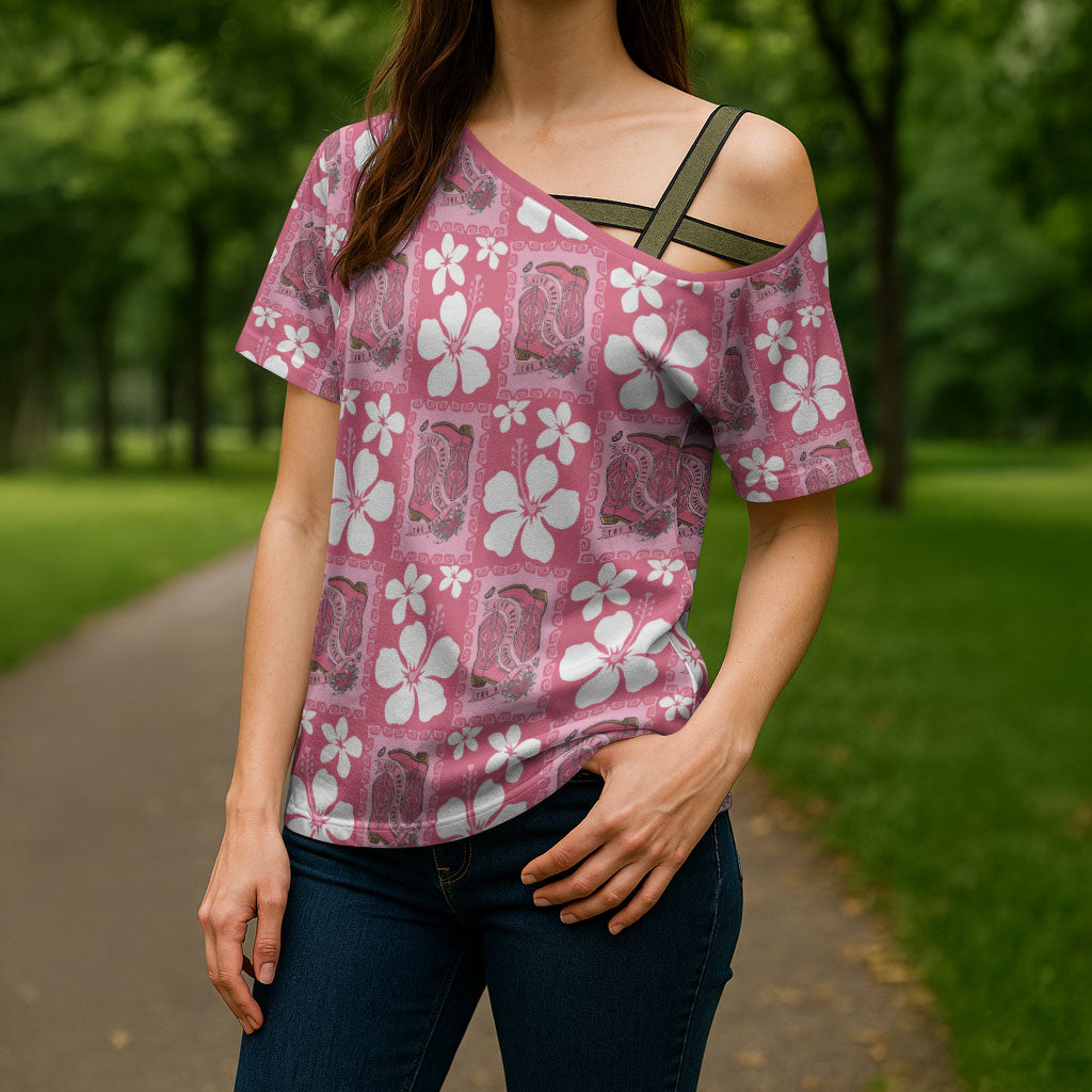 Give Cancer The Boot Pink Cowgirl Cross Shoulder Shirt Western Aloha Hibiscus Paniolo Heritage Floral