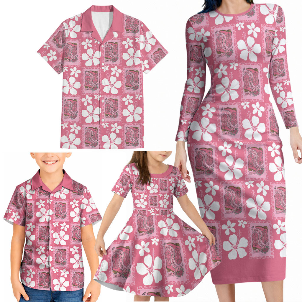Give Cancer The Boot Pink Cowgirl Family Matching Long Sleeve Bodycon Dress and Hawaiian Shirt Western Aloha Hibiscus Paniolo Heritage Floral