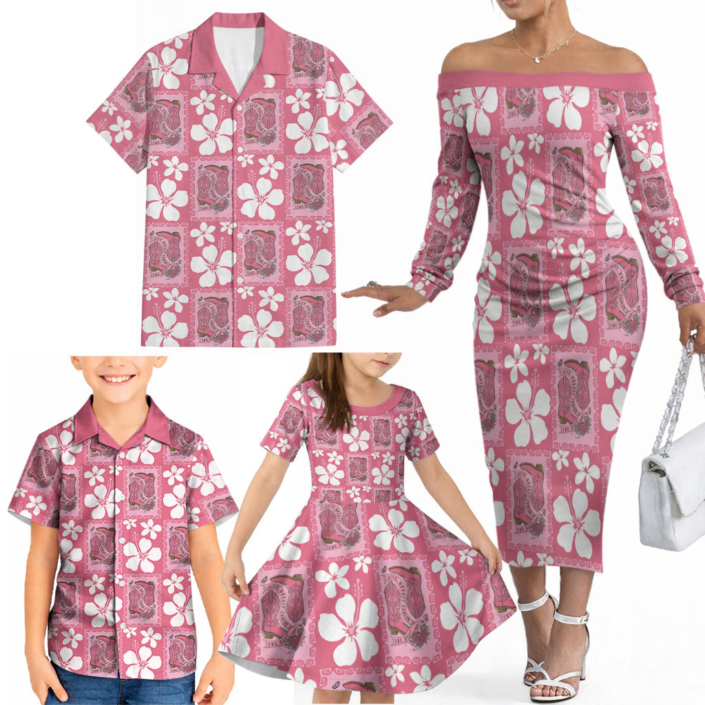 Give Cancer The Boot Pink Cowgirl Family Matching Off The Shoulder Long Sleeve Dress and Hawaiian Shirt Western Aloha Hibiscus Paniolo Heritage Floral
