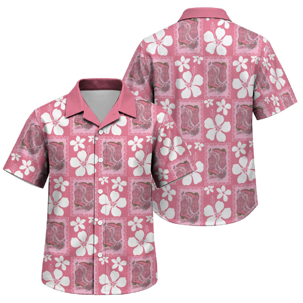 Give Cancer The Boot Pink Cowgirl Family Matching Off The Shoulder Long Sleeve Dress and Hawaiian Shirt Western Aloha Hibiscus Paniolo Heritage Floral