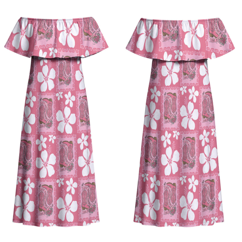 Give Cancer The Boot Pink Cowgirl Family Matching Off Shoulder Maxi Dress and Hawaiian Shirt Western Aloha Hibiscus Paniolo Heritage Floral