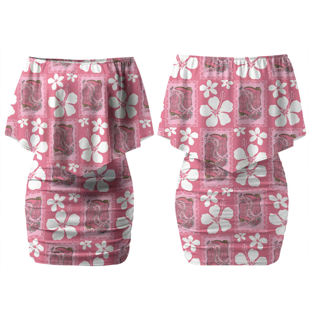 Give Cancer The Boot Pink Cowgirl Family Matching Off Shoulder Short Dress and Hawaiian Shirt Western Aloha Hibiscus Paniolo Heritage Floral