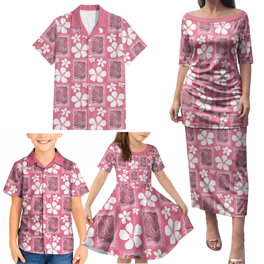 Give Cancer The Boot Pink Cowgirl Family Matching Puletasi and Hawaiian Shirt Western Aloha Hibiscus Paniolo Heritage Floral