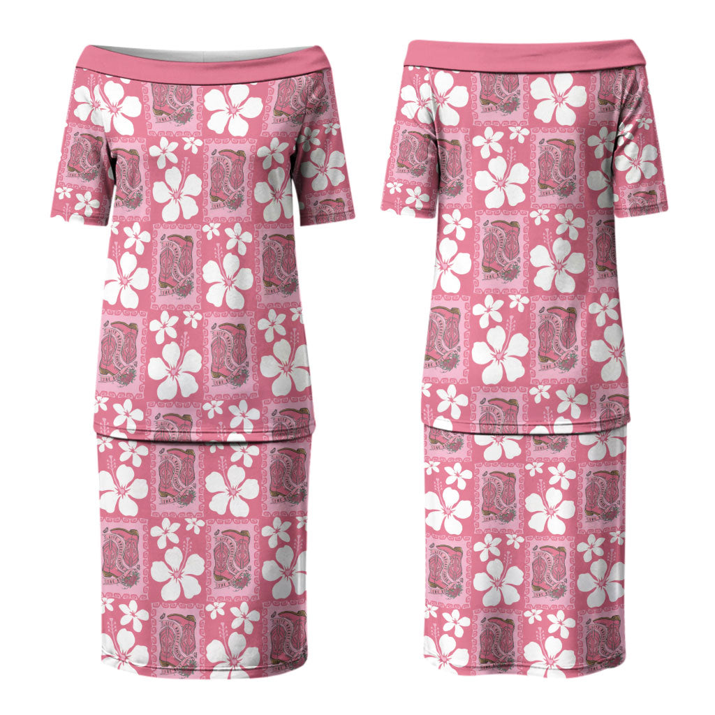 Give Cancer The Boot Pink Cowgirl Family Matching Puletasi and Hawaiian Shirt Western Aloha Hibiscus Paniolo Heritage Floral