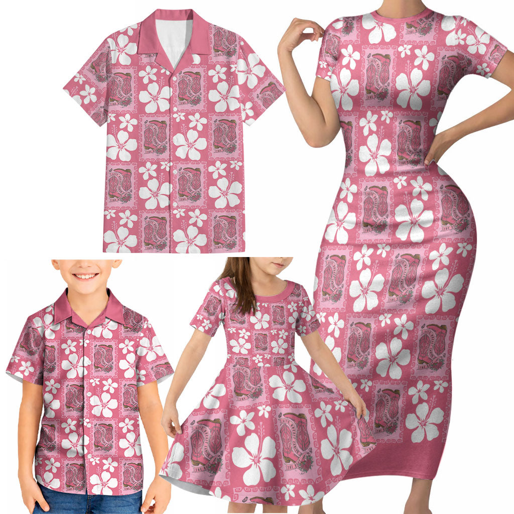 Give Cancer The Boot Pink Cowgirl Family Matching Short Sleeve Bodycon Dress and Hawaiian Shirt Western Aloha Hibiscus Paniolo Heritage Floral
