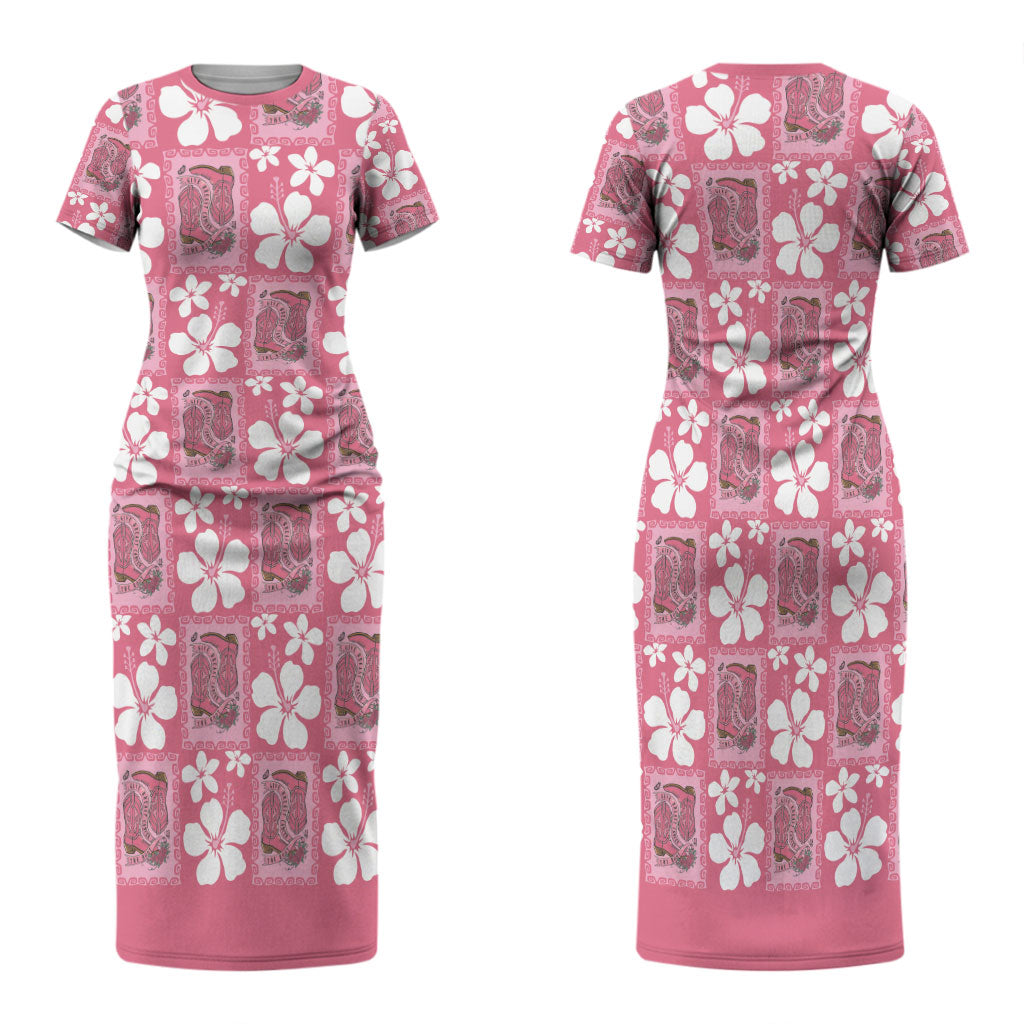 Give Cancer The Boot Pink Cowgirl Family Matching Short Sleeve Bodycon Dress and Hawaiian Shirt Western Aloha Hibiscus Paniolo Heritage Floral