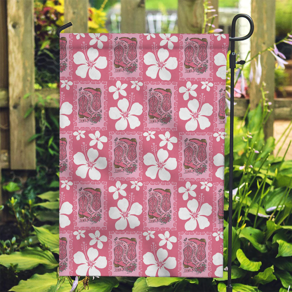 Give Cancer The Boot Pink Cowgirl Garden Flag Western Aloha Hibiscus Paniolo Heritage Floral