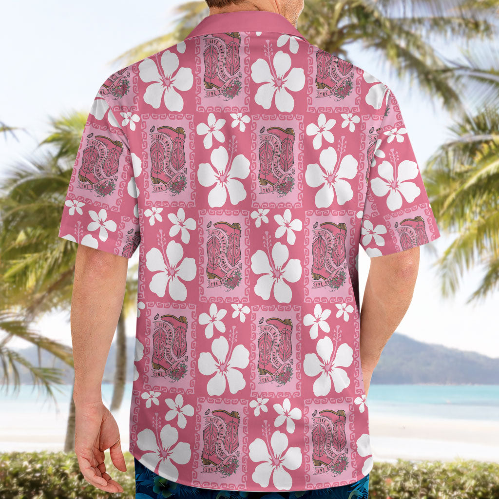 Give Cancer The Boot Pink Cowgirl Hawaiian Shirt Western Aloha Hibiscus Paniolo Heritage Floral