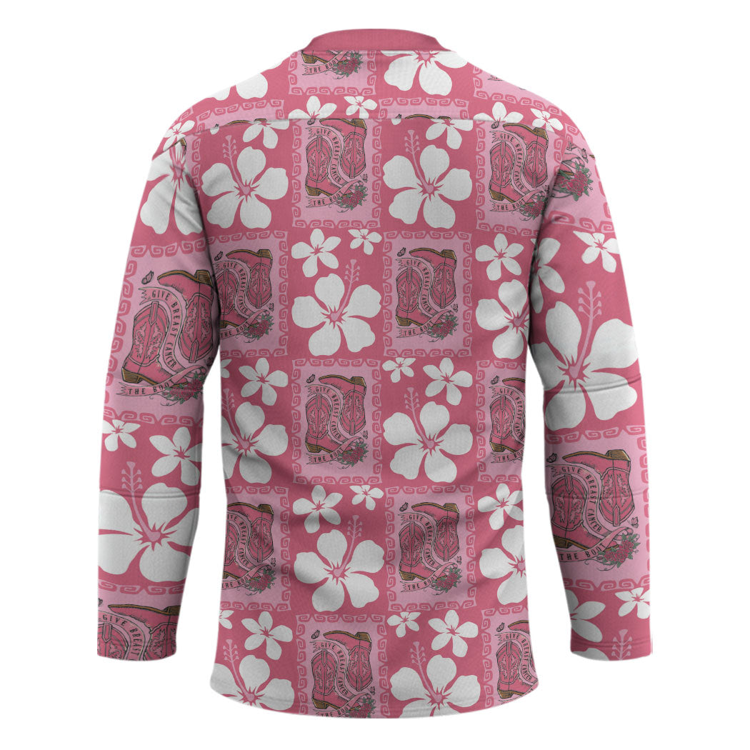 Give Cancer The Boot Pink Cowgirl Hockey Jersey Western Aloha Hibiscus Paniolo Heritage Floral