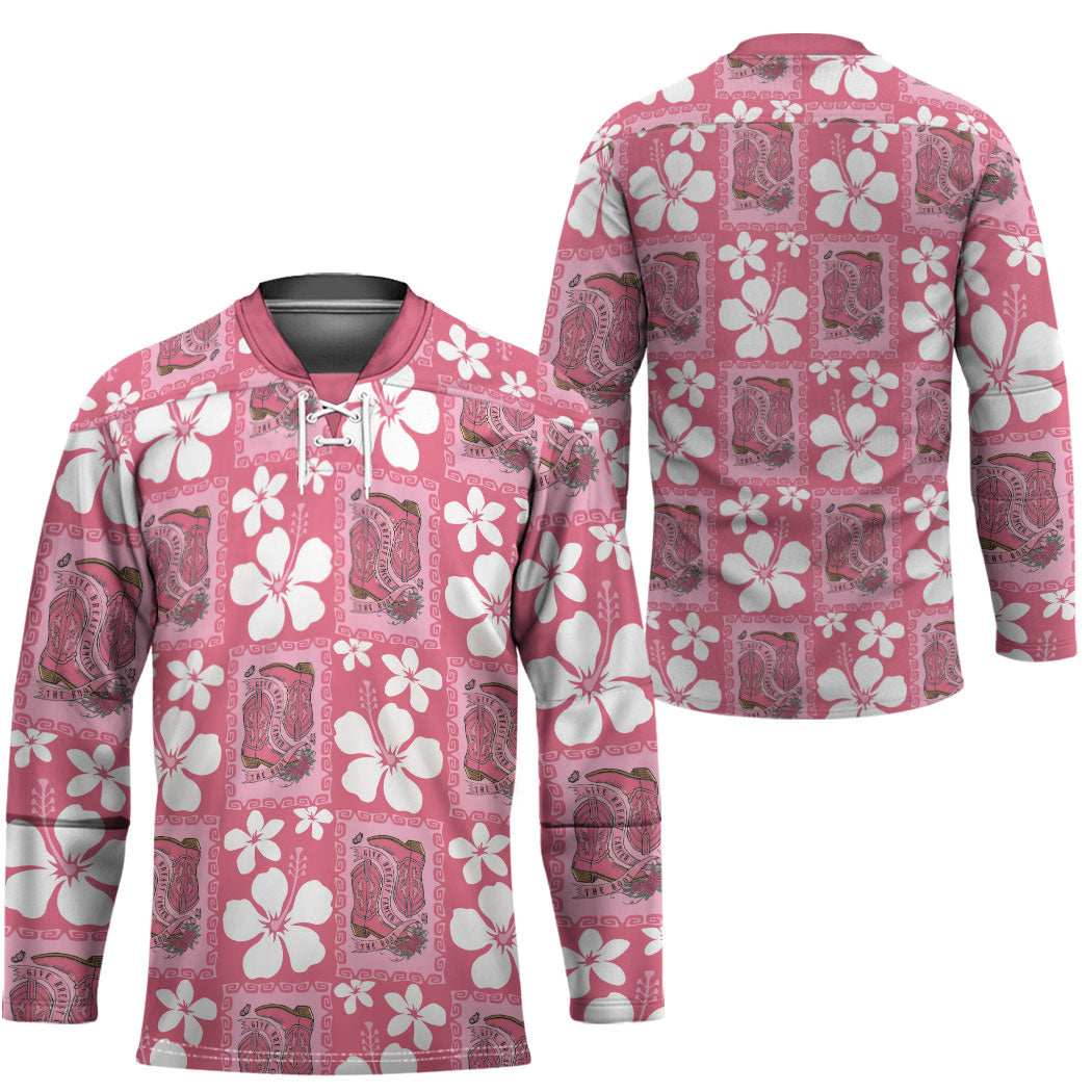 Give Cancer The Boot Pink Cowgirl Hockey Jersey Western Aloha Hibiscus Paniolo Heritage Floral