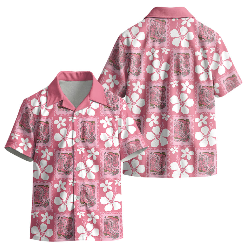Give Cancer The Boot Pink Cowgirl Kid Hawaiian Shirt Western Aloha Hibiscus Paniolo Heritage Floral