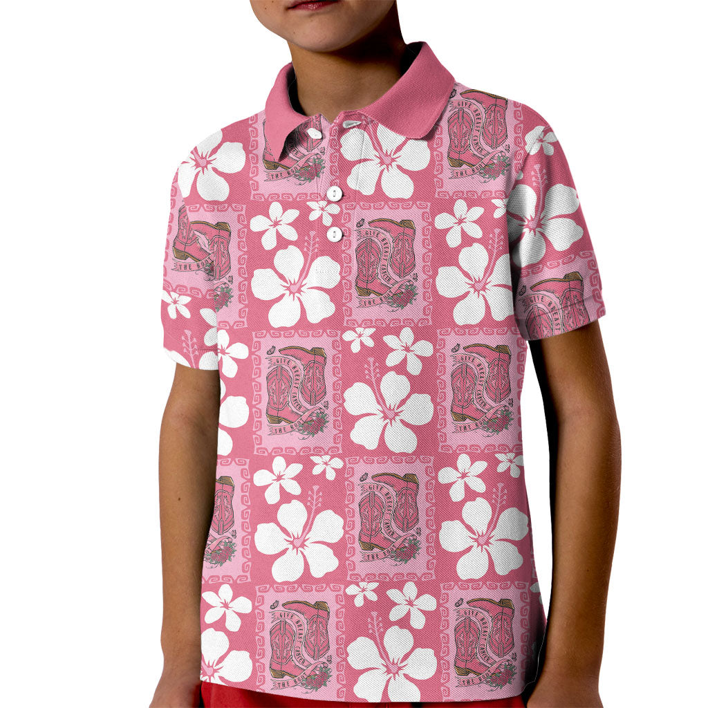 Give Cancer The Boot Pink Cowgirl Kid Polo Shirt Western Aloha Hibiscus Paniolo Heritage Floral