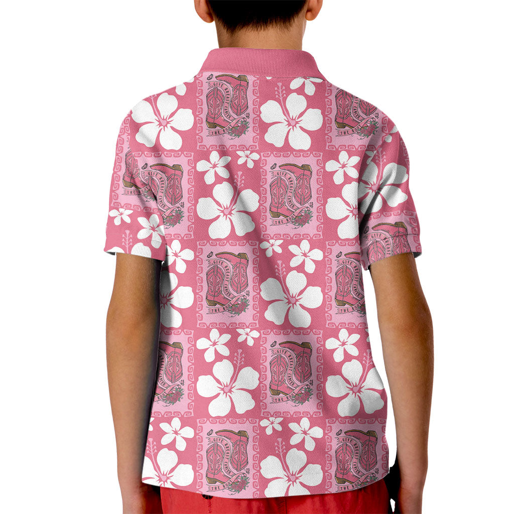 Give Cancer The Boot Pink Cowgirl Kid Polo Shirt Western Aloha Hibiscus Paniolo Heritage Floral