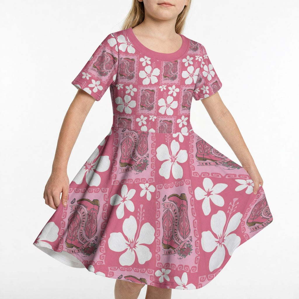 Give Cancer The Boot Pink Cowgirl Kid Short Sleeve Dress Western Aloha Hibiscus Paniolo Heritage Floral