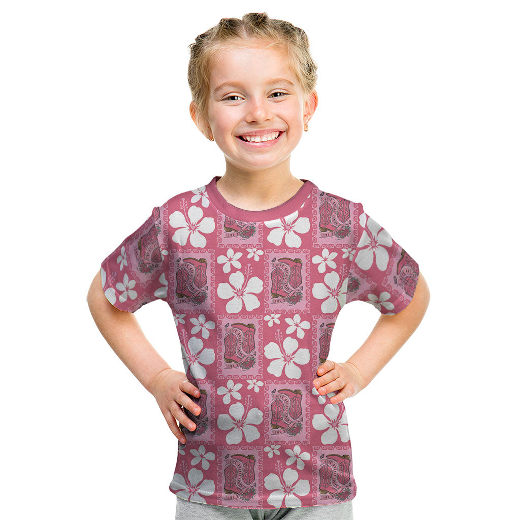 Give Cancer The Boot Pink Cowgirl Kid T Shirt Western Aloha Hibiscus Paniolo Heritage Floral