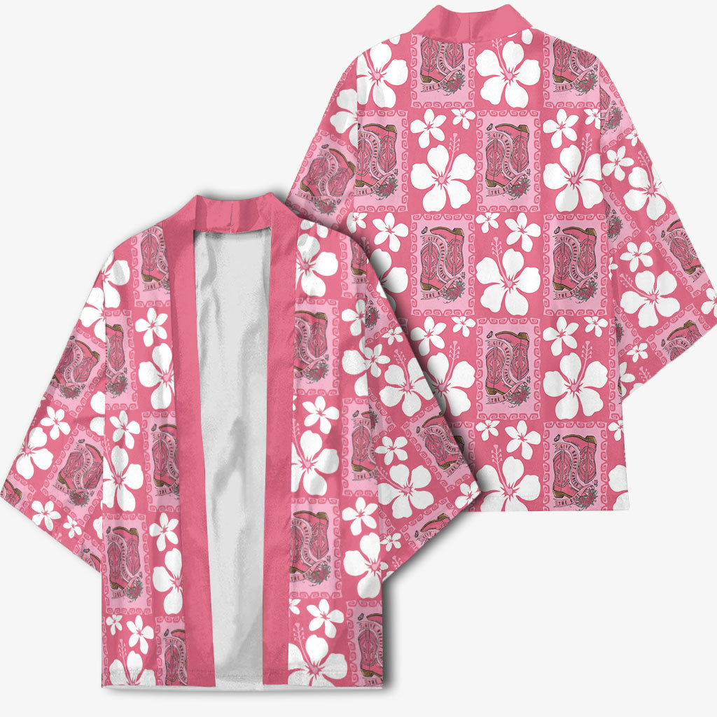 Give Cancer The Boot Pink Cowgirl Kimono Western Aloha Hibiscus Paniolo Heritage Floral
