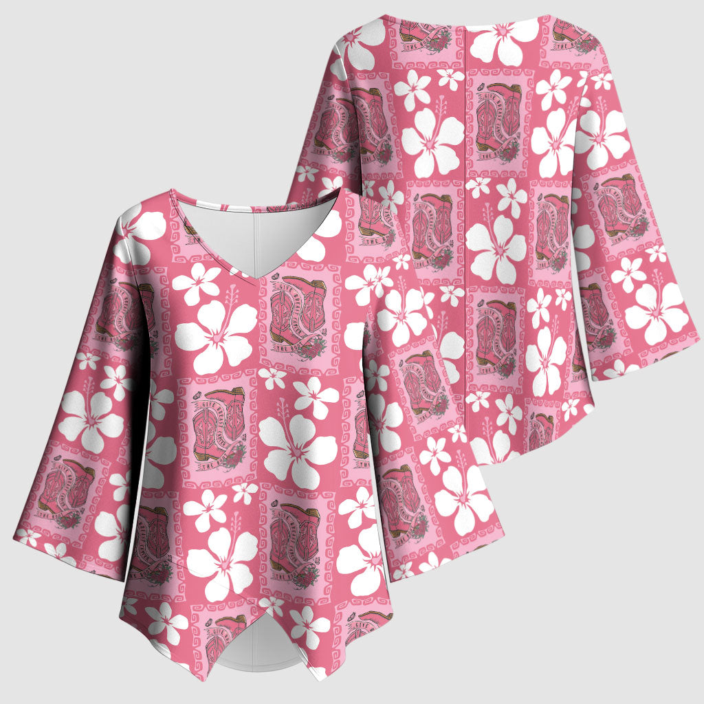 Give Cancer The Boot Pink Cowgirl Kimono Sleeve Blouse Western Aloha Hibiscus Paniolo Heritage Floral