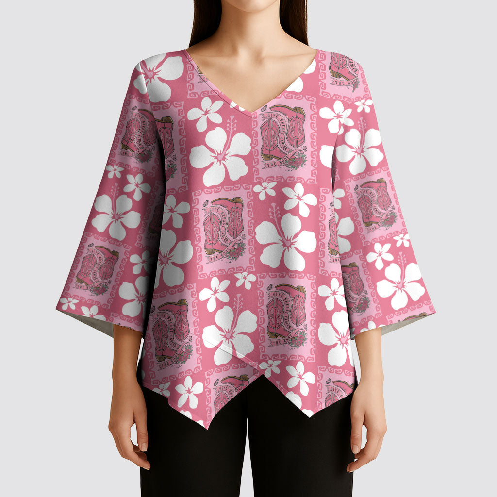 Give Cancer The Boot Pink Cowgirl Kimono Sleeve Blouse Western Aloha Hibiscus Paniolo Heritage Floral