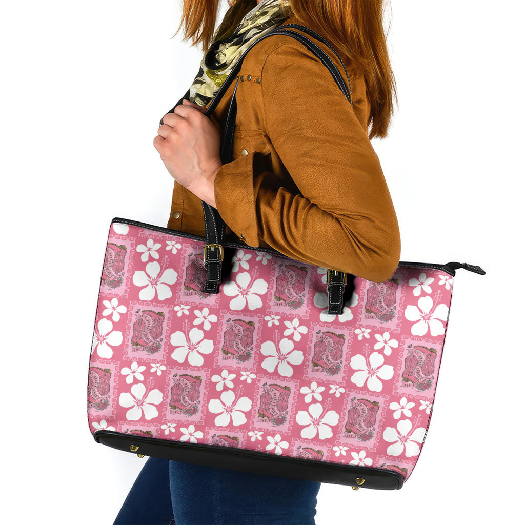 Give Cancer The Boot Pink Cowgirl Leather Tote Bag Western Aloha Hibiscus Paniolo Heritage Floral