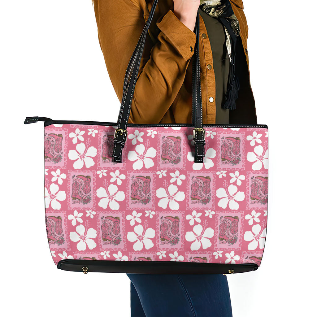 Give Cancer The Boot Pink Cowgirl Leather Tote Bag Western Aloha Hibiscus Paniolo Heritage Floral