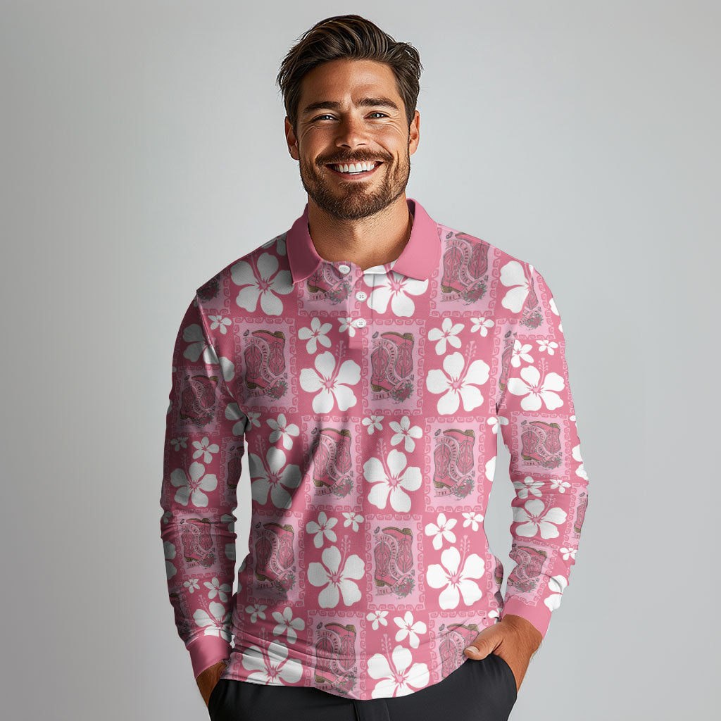 Give Cancer The Boot Pink Cowgirl Long Sleeve Polo Shirt Western Aloha Hibiscus Paniolo Heritage Floral