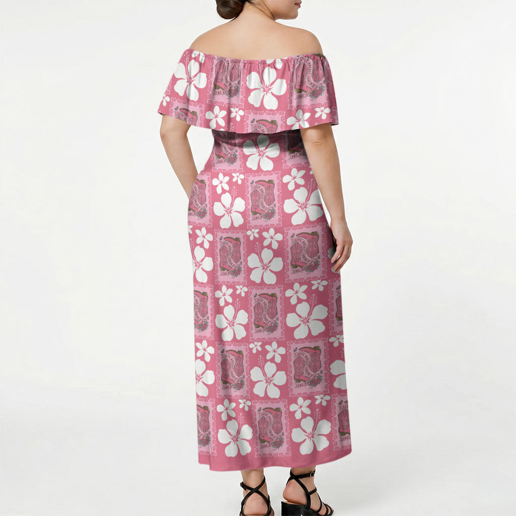Give Cancer The Boot Pink Cowgirl Off Shoulder Maxi Dress Western Aloha Hibiscus Paniolo Heritage Floral