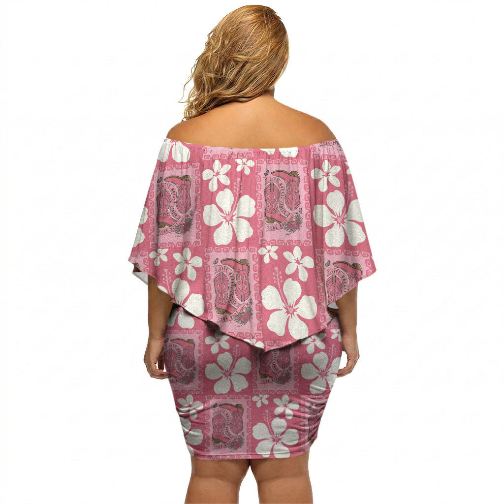 Give Cancer The Boot Pink Cowgirl Off Shoulder Short Dress Western Aloha Hibiscus Paniolo Heritage Floral