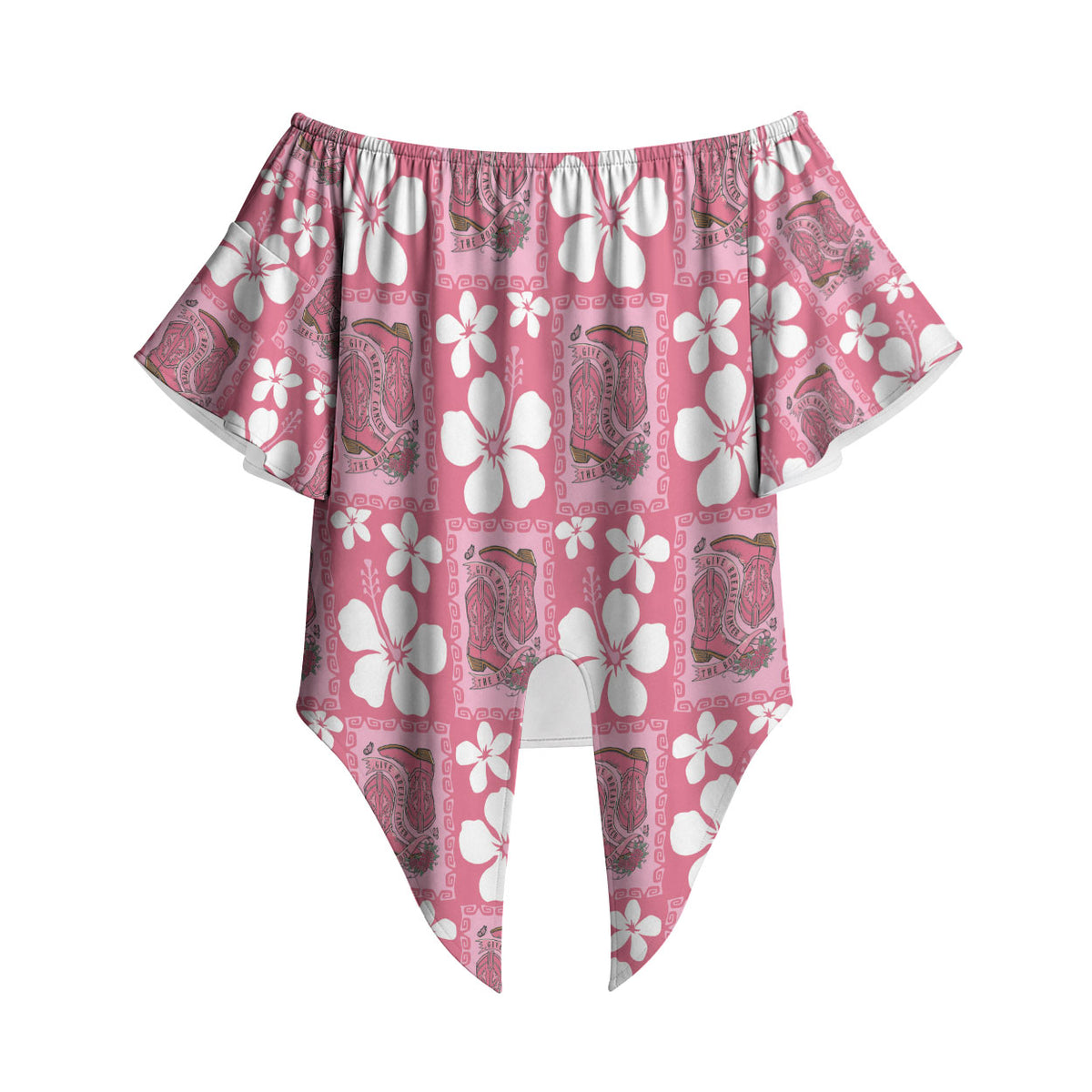 Give Cancer The Boot Pink Cowgirl Off Shoulder Wrap Waist Top Western Aloha Hibiscus Paniolo Heritage Floral