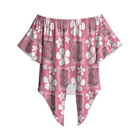 Give Cancer The Boot Pink Cowgirl Off Shoulder Wrap Waist Top Western Aloha Hibiscus Paniolo Heritage Floral