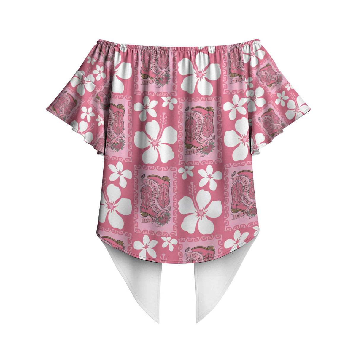 Give Cancer The Boot Pink Cowgirl Off Shoulder Wrap Waist Top Western Aloha Hibiscus Paniolo Heritage Floral