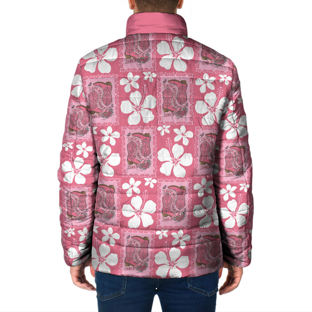 Give Cancer The Boot Pink Cowgirl Padded Jacket Western Aloha Hibiscus Paniolo Heritage Floral