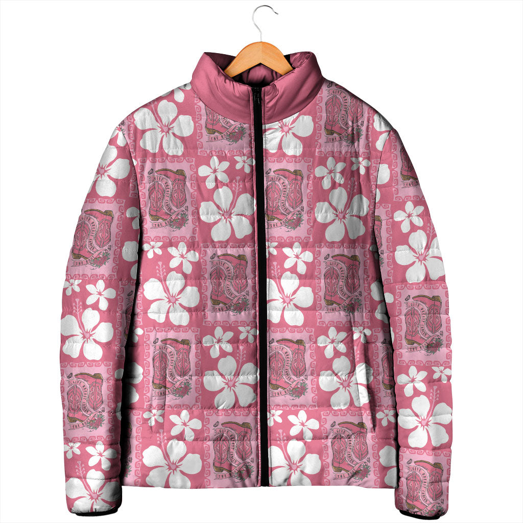 Give Cancer The Boot Pink Cowgirl Padded Jacket Western Aloha Hibiscus Paniolo Heritage Floral