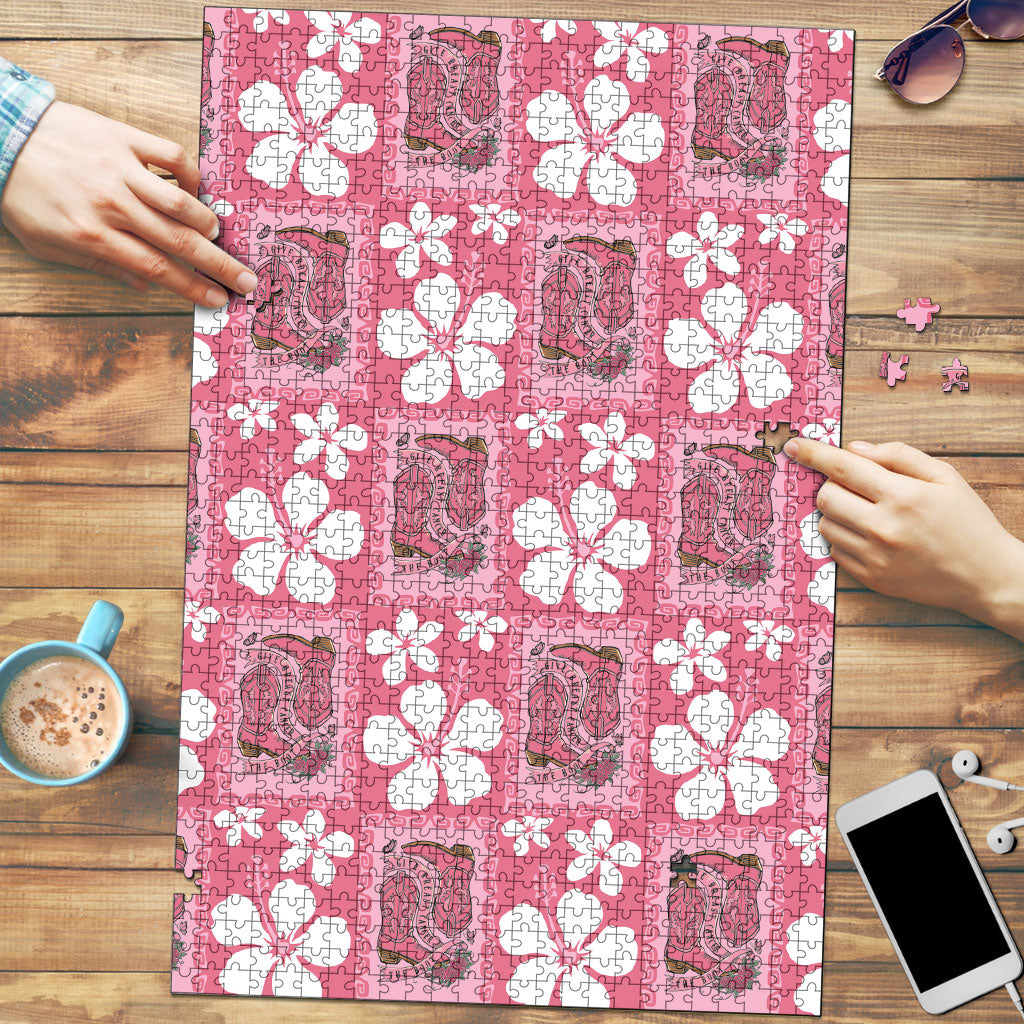 Give Cancer The Boot Pink Cowgirl Puzzle Western Aloha Hibiscus Paniolo Heritage Floral