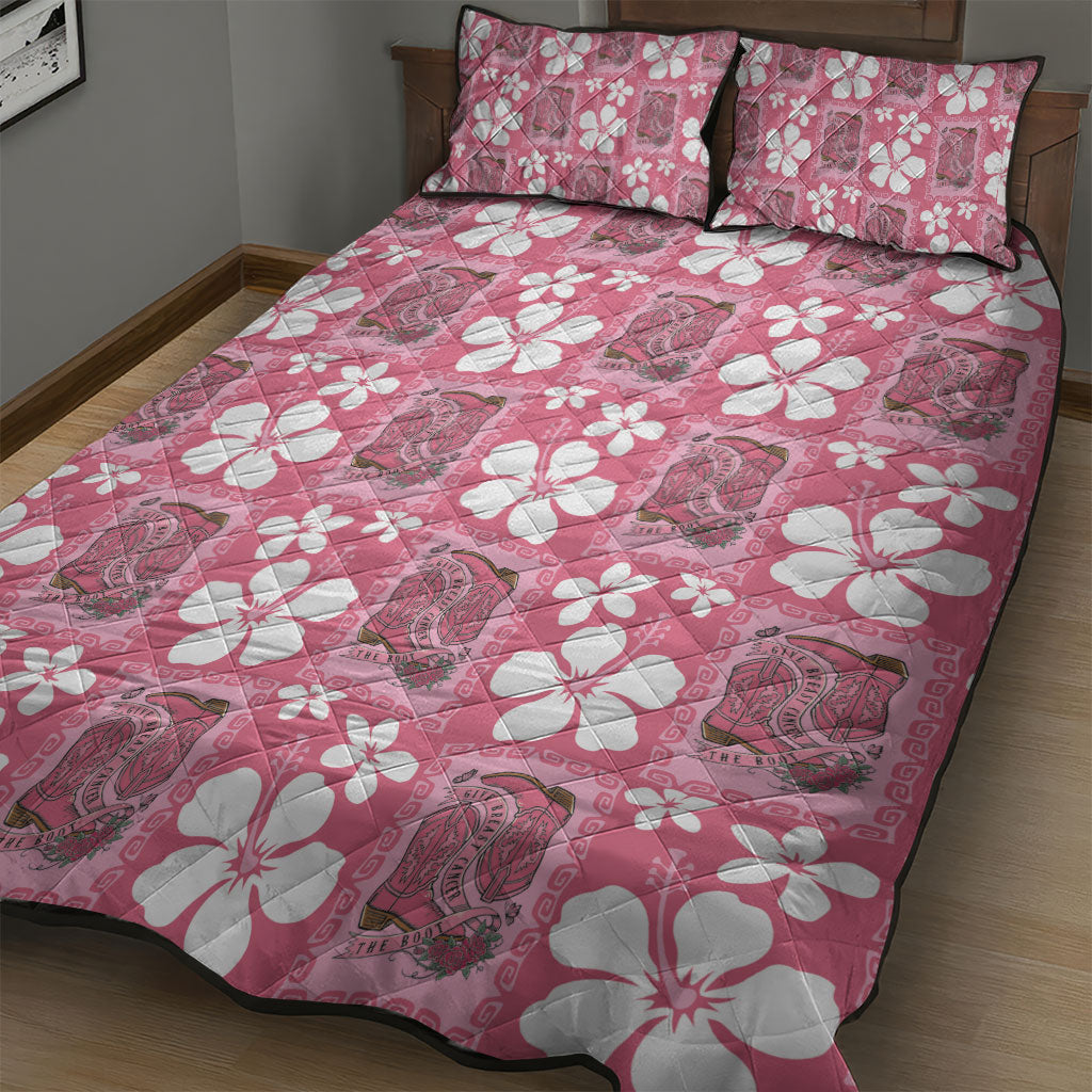 Give Cancer The Boot Pink Cowgirl Quilt Bed Set Western Aloha Hibiscus Paniolo Heritage Floral