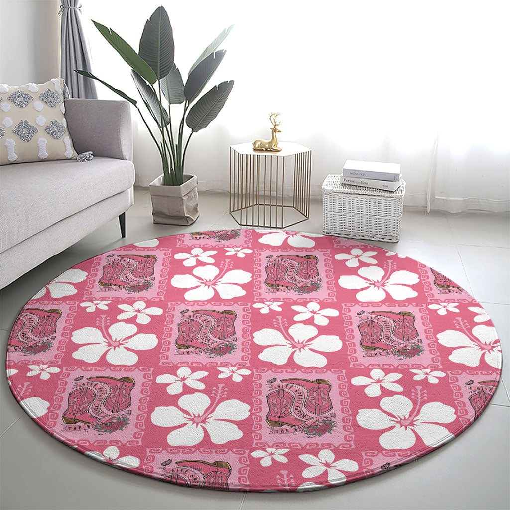 Give Cancer The Boot Pink Cowgirl Round Carpet Western Aloha Hibiscus Paniolo Heritage Floral