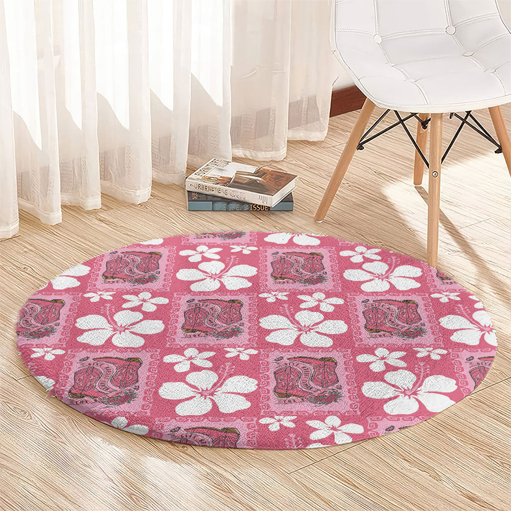Give Cancer The Boot Pink Cowgirl Round Carpet Western Aloha Hibiscus Paniolo Heritage Floral