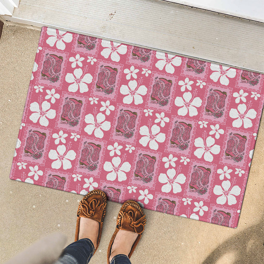 Give Cancer The Boot Pink Cowgirl Rubber Doormat Western Aloha Hibiscus Paniolo Heritage Floral