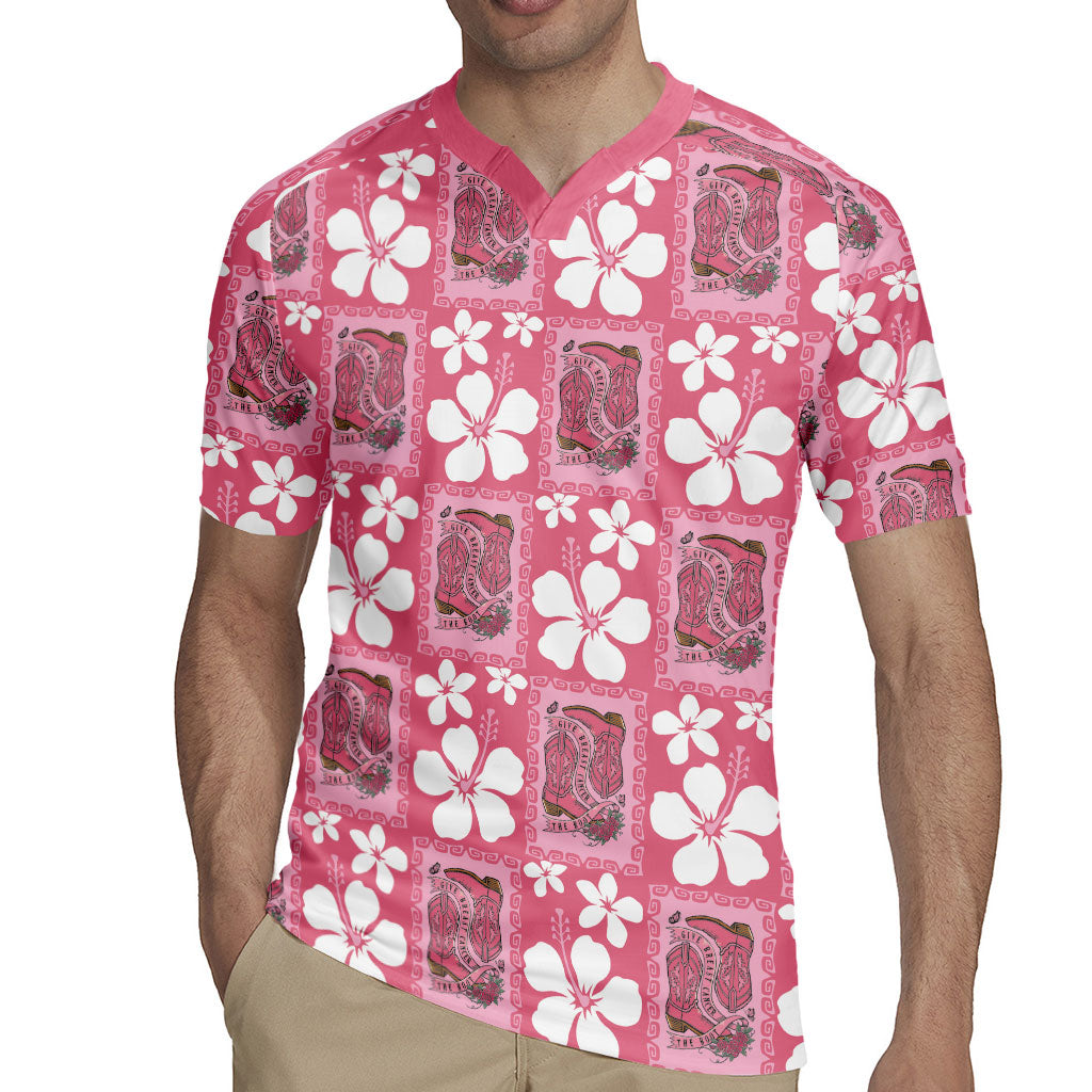 Give Cancer The Boot Pink Cowgirl Rugby Jersey Western Aloha Hibiscus Paniolo Heritage Floral