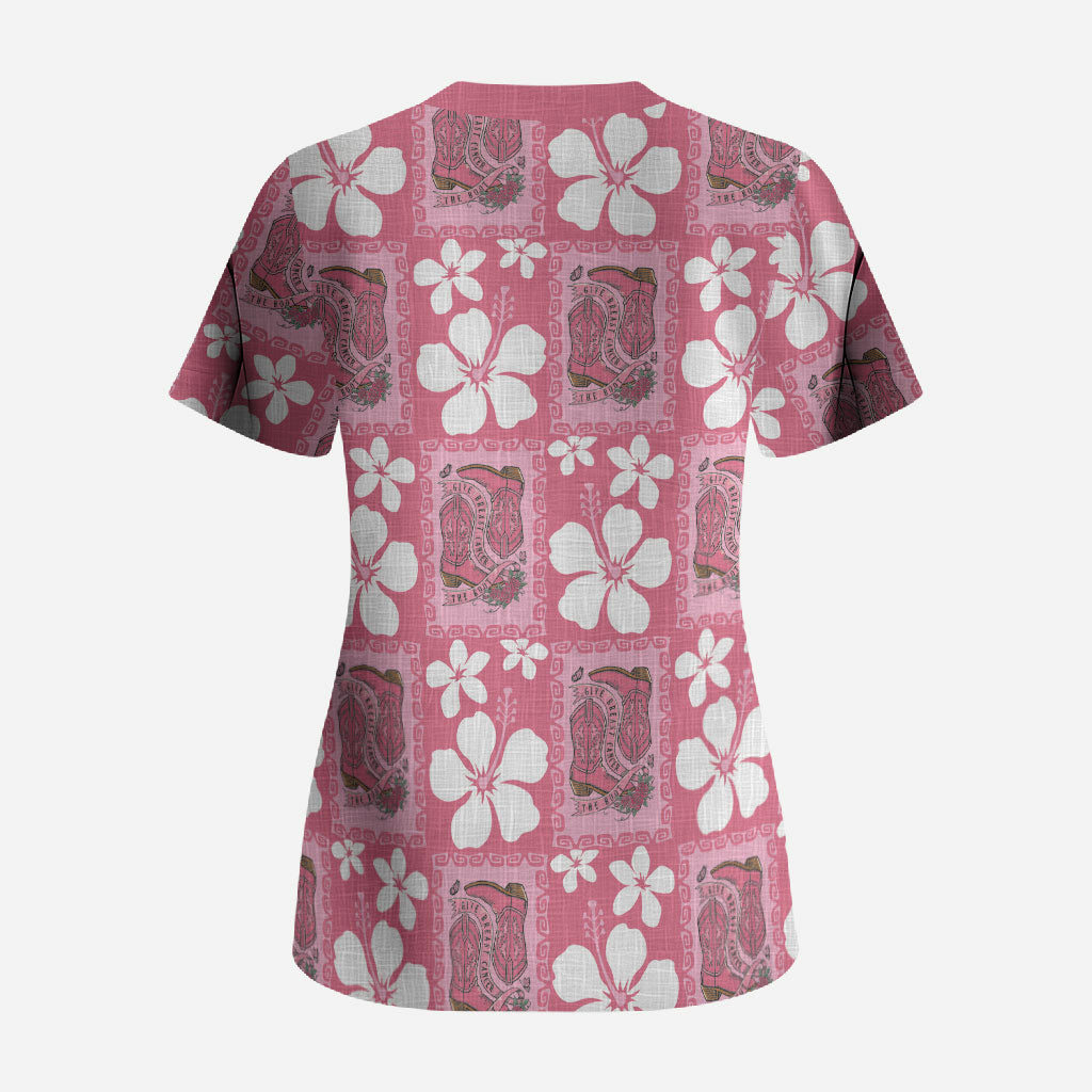 Give Cancer The Boot Pink Cowgirl Scrub Top Western Aloha Hibiscus Paniolo Heritage Floral