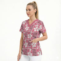Give Cancer The Boot Pink Cowgirl Scrub Top Western Aloha Hibiscus Paniolo Heritage Floral