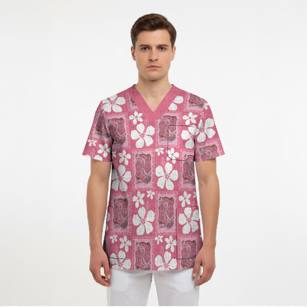 Give Cancer The Boot Pink Cowgirl Scrub Top Western Aloha Hibiscus Paniolo Heritage Floral