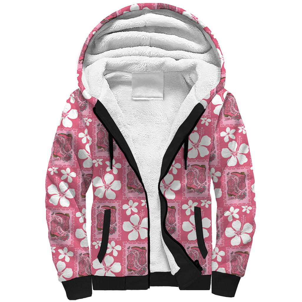 Give Cancer The Boot Pink Cowgirl Sherpa Hoodie Western Aloha Hibiscus Paniolo Heritage Floral