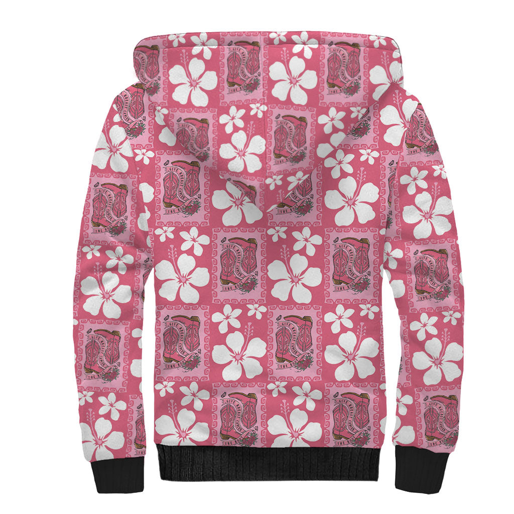 Give Cancer The Boot Pink Cowgirl Sherpa Hoodie Western Aloha Hibiscus Paniolo Heritage Floral